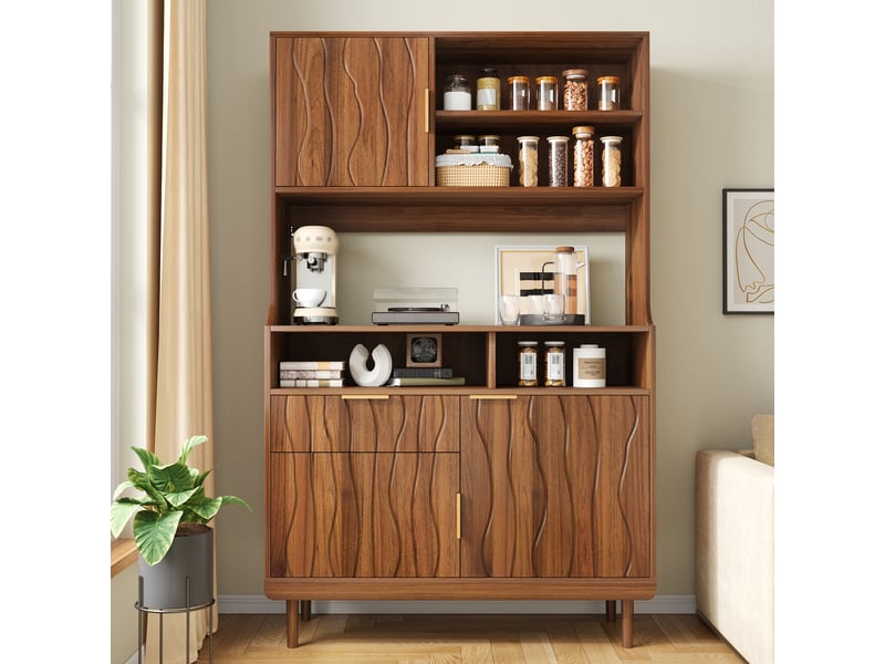  Armoire de rangement haute avec portes, tiroir et étagères ouvertes, buffet haut en mdf et panneau de particules, pieds en bois, noyer OMNIGLINT TRADING LTD - Conforama B