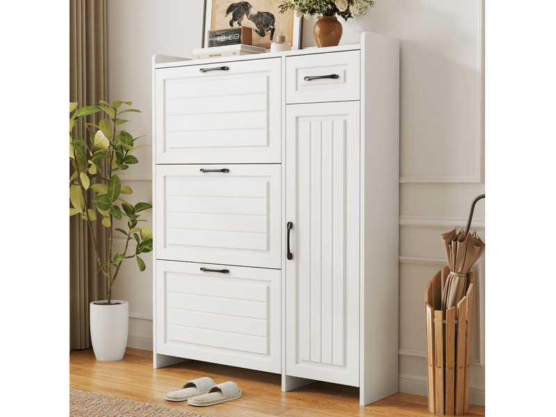 Meuble à chaussures 95x24x121 cm, 3 compartiments basculants, panneau de particules et mdf, blanc  - Conforama D