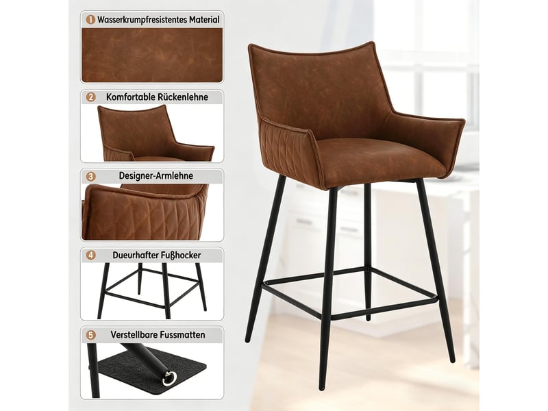  Tabouret de bar lot de 2 avec dossier, accoudoirs et pieds antidérapants, en cuir pu marron  - Conforama E