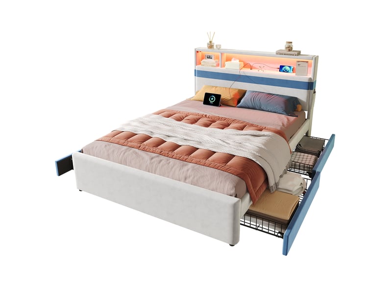  Lit rembourré enfant 140x200 cm avec 4 tiroirs, led, ports usb, poches latérales et tête de lit à rangement, blanc et bleu  - Conforama A