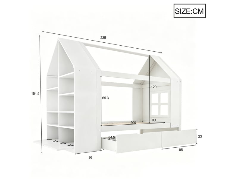  Lit enfant 90x200 cm avec rangements et led en bois blanc  - Conforama E