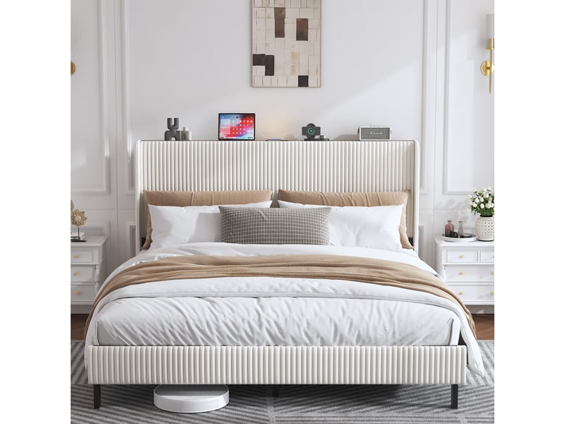  Cadre de lit 180x200 cm avec tête de lit rembourrée, design ailes, sommier métal silencieux  - Conforama B