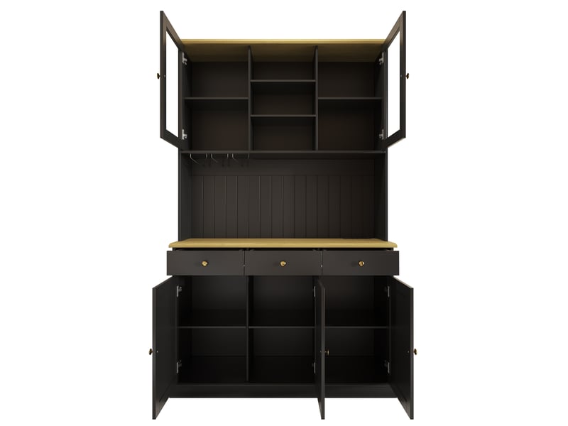 Buffet haut avec vitrines, tiroir, porte-verres et prises, ports usb pour salle à manger et cuisine, noir, 120 × 40 × 191 cm - Conforama E