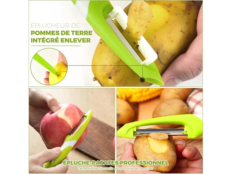  3 en 1 econome a julienne, éplucheur à fruits et légumes, eplucheur légumes avec poignée antidérapante est idéal pour peler les pommes de terre  - Conforama D