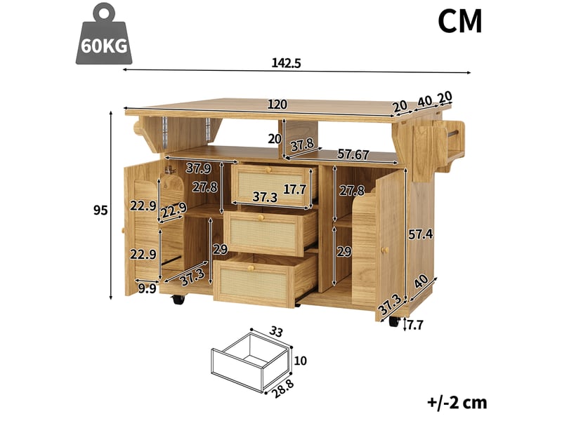  Desserte de cuisine pliable avec tiroirs en rotin pe 142.5 x 80 x 95 cm N620CC260518N - Conforama C