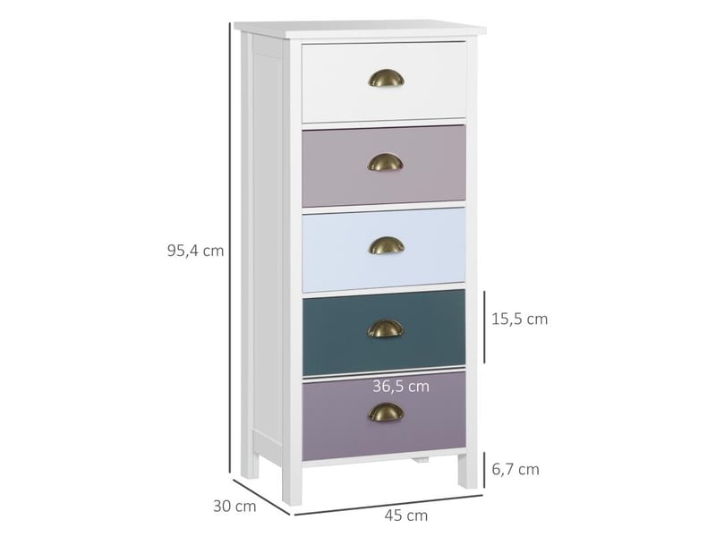  Chiffonnier commode meuble de rangement 5 tiroirs multicolores avec poignée métal coquille mdf - dim. 45l x 30l x 95,4h cm  - Conforama C