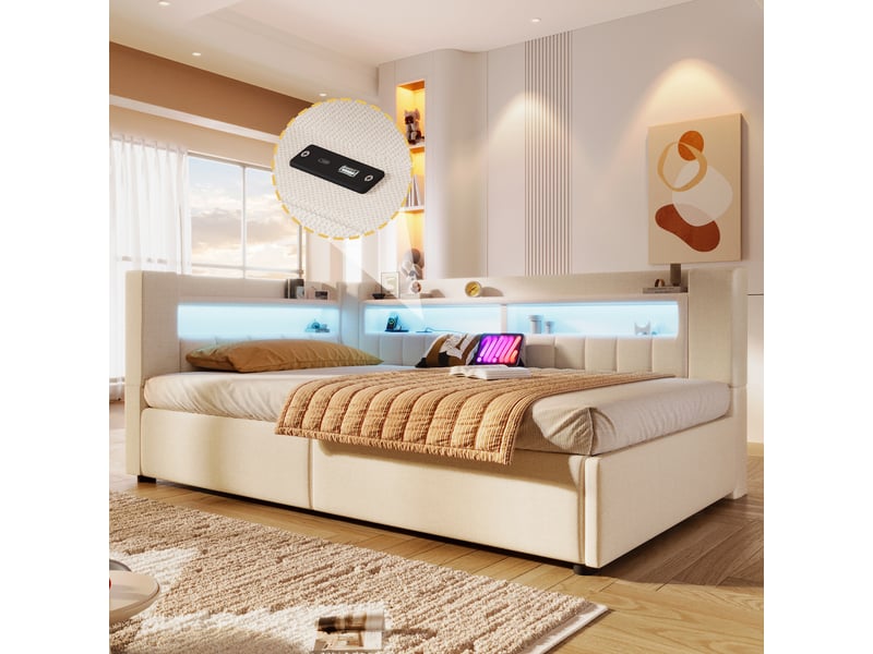 Lit de jour canapé-lit, 90 × 200 cm, beige, lin, coffre hydraulique, rangements, led via app, usb + type-c, style minimaliste - Conforama E