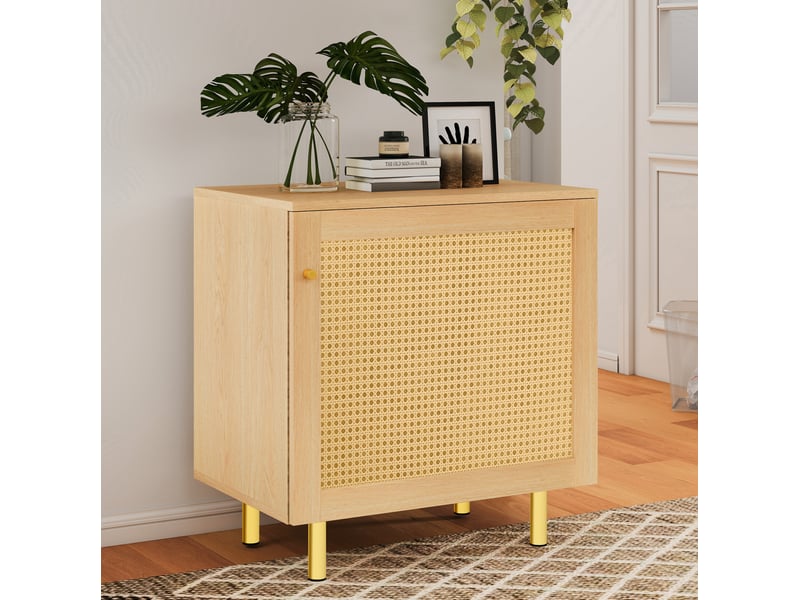  Meuble de rangement 1 porte en rotin tressé avec étagère et pieds métalliques pour salon et chambre, 60 × 40 × 63 cm  - Conforama B