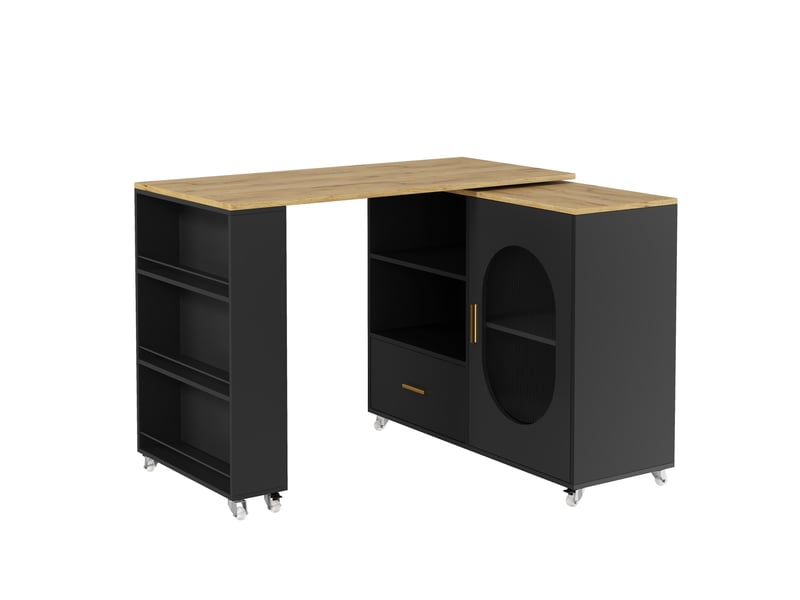  Îlot de cuisine mobile extensible 120-180 cm, plateau pivotant à 360°, mdf noir et bois clair avec rangement  - Conforama A
