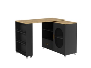 Îlot de cuisine mobile extensible 120-180 cm, plateau pivotant à 360°, mdf noir et bois clair avec rangement