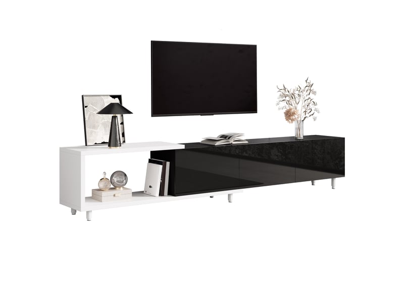  Meuble tv extensible avec 3 portes laquées brillantes, pieds métalliques, charnières silencieuses, noir et blanc  - Conforama A
