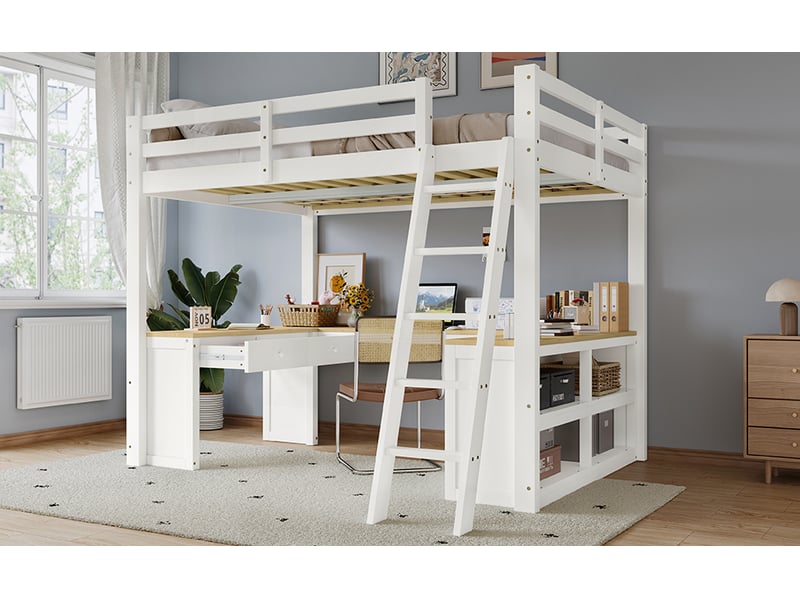  Lit mezzanine enfant 140 x 200 cm avec bureau en u, 2 tiroirs et étagère, escalier à cinq marches et garde-corps, bois, blanc Morn Vibe - Conforama B