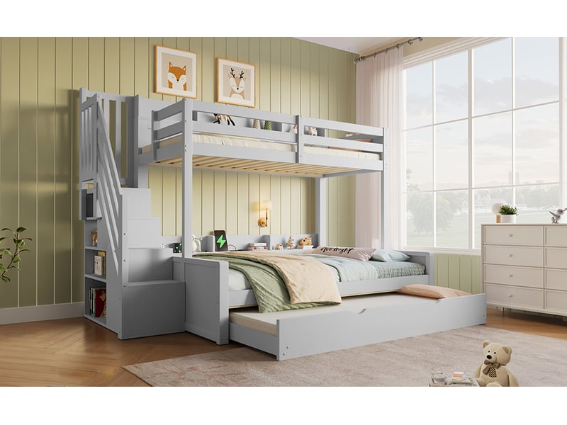  Lit superposé 90140 × 200 cm, lit gigogne 90 × 190, escalier de rangement et prise usb, structure en pin et mdf, gris  - Conforama B