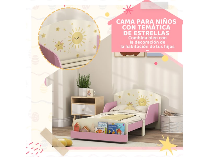 Lit enfant 70x140 cm rose avec rangement, lit de transition 3 à 8 ans en bois avec barrières  - Conforama W