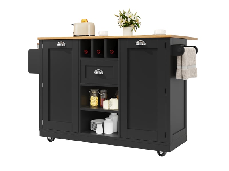  Îlot de cuisine 140x40x93,5 cm avec roulettes, porte-bouteilles, porte-serviettes mdf métal noir  - Conforama B