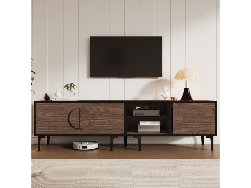  Meuble tv 180x35x49 cm en noyer foncé – 2 portes et étagères ouvertes, pour tv jusqu’à 80 pouces  - Conforama B