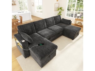 Canapé d'angle panoramique convertible <strong></strong> <strong></strong> 4 places Polyester gris avec coffre de rangement