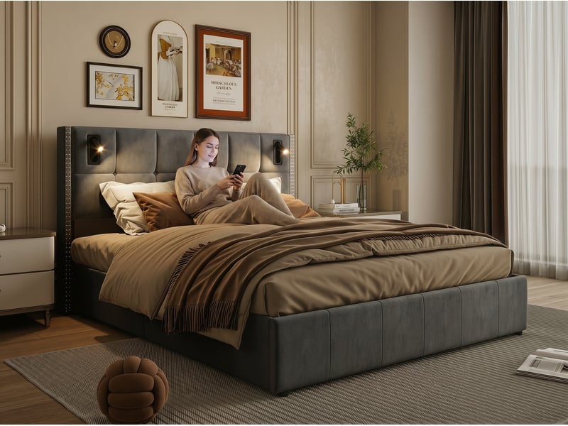  Lit 2 places 160x200 cm - led rgb avec app - 4 tiroirs - tête de lit réglable - tissu gris  - Conforama E