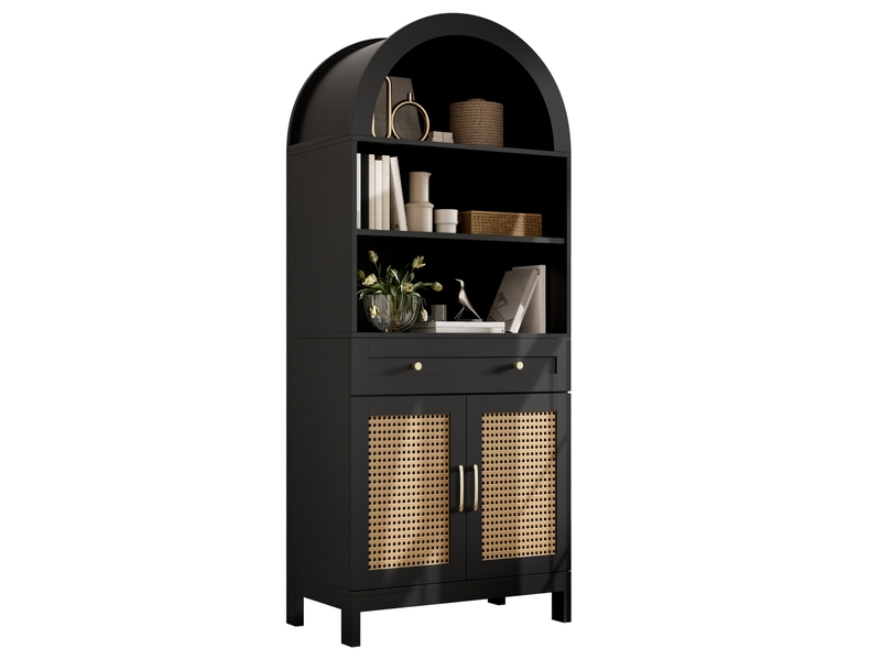Vitrine meuble de rangement en mdf 70x40x170 cm avec portes en rotin, étagères ouvertes, tiroir et placard fermé - noir et bois - Conforama A