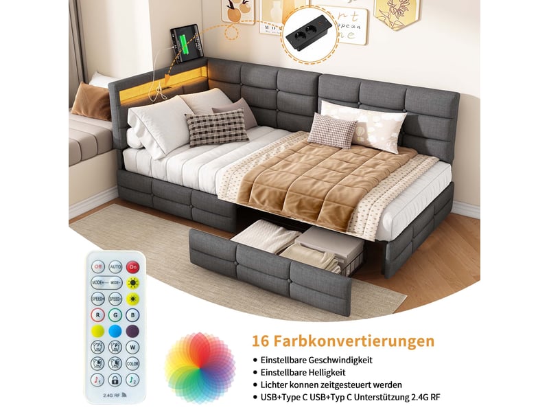  Lit 90x200cm - lit simple 90x200 - lit rembourré en l avec 2 tiroirs, éclairage led, ports usbtype-c - tissu en lin gris  - Conforama D
