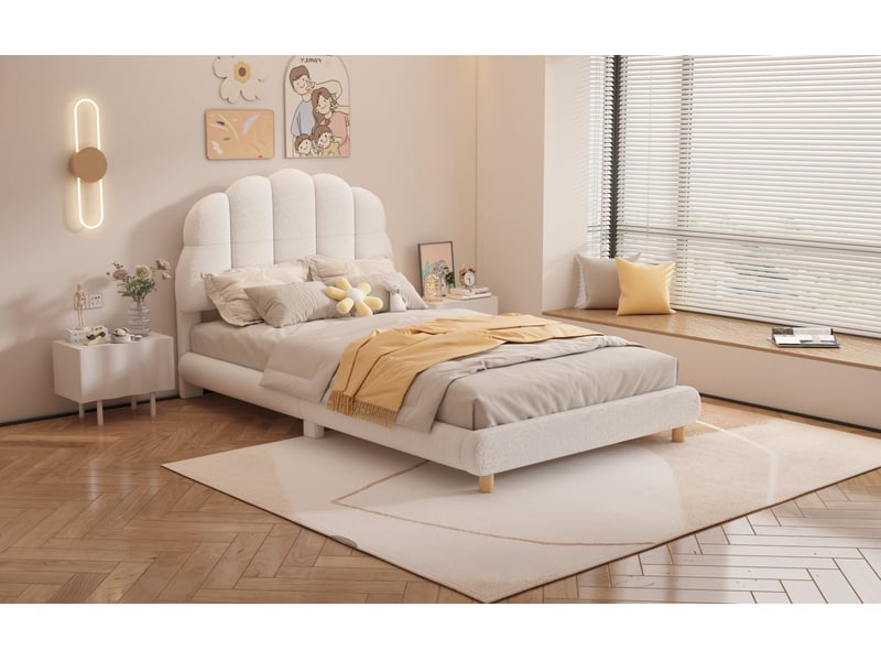  Lit enfant 90x200 cm en peluche blanche avec tête de lit fleur  - Conforama W