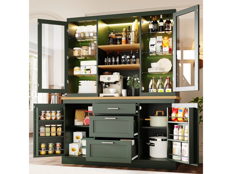 Meuble de cuisine avec éclairage led 185 x 140 x 40 cm , 3 tiroirs, plan de travail, étagères réglables,vert evarich - Conforama D