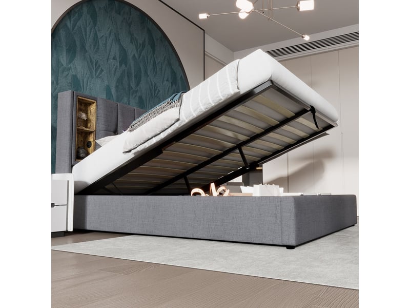Lit coffre 160x200 avec matelas charge sans fil usb c - lit rembourré - tissu gris sommier relevable tête de lit rangement - Conforama D