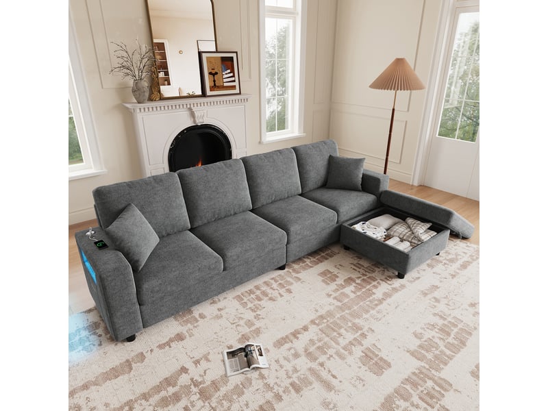  Canapé d’angle 4 places 282x153x82 cm, canapé de salon, sofa modulable, éclairage led, usbtype-c, rangement, pouf mobile, gris CozyNest - Conforama E