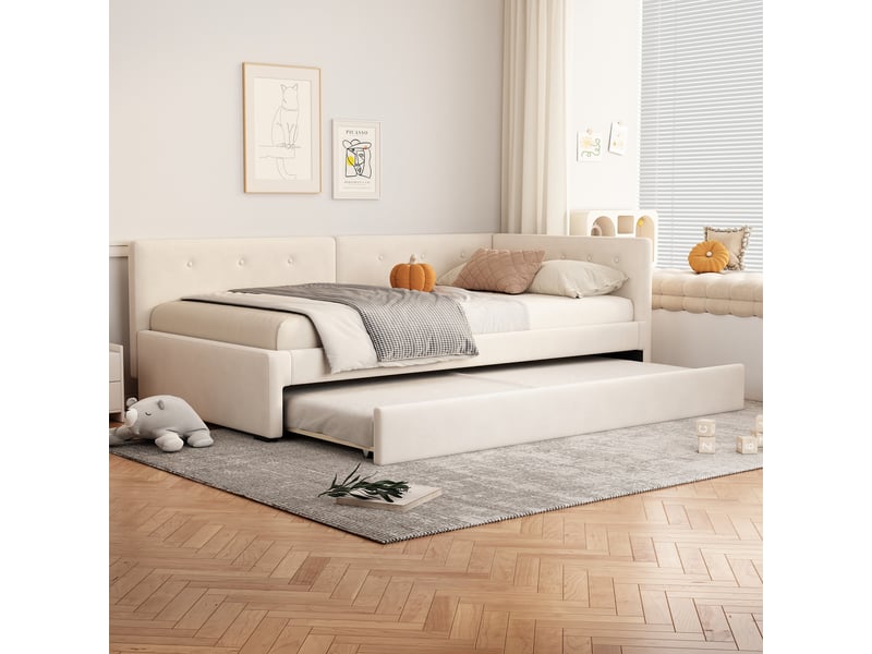  Lit de jour 90x200cm, lit de jour convertible en lit d'appoint, canapé-lit, lit simple (sans matelas), style minimaliste, beige  - Conforama B