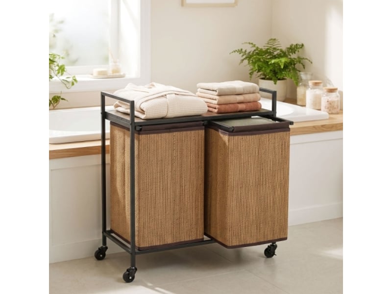  Panier à linge 73x33x78 cm, 120 l, 2 sacs amovibles avec tablette et roulettes en bambou brun  - Conforama B