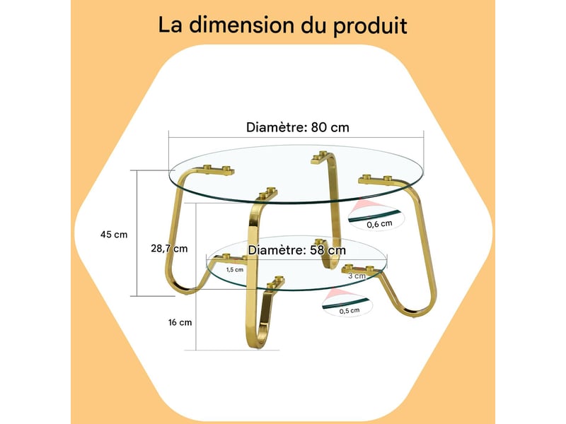  Table basse double plateau en verre trempé et métal doré 80x80x45 cm - pangivo  - Conforama C
