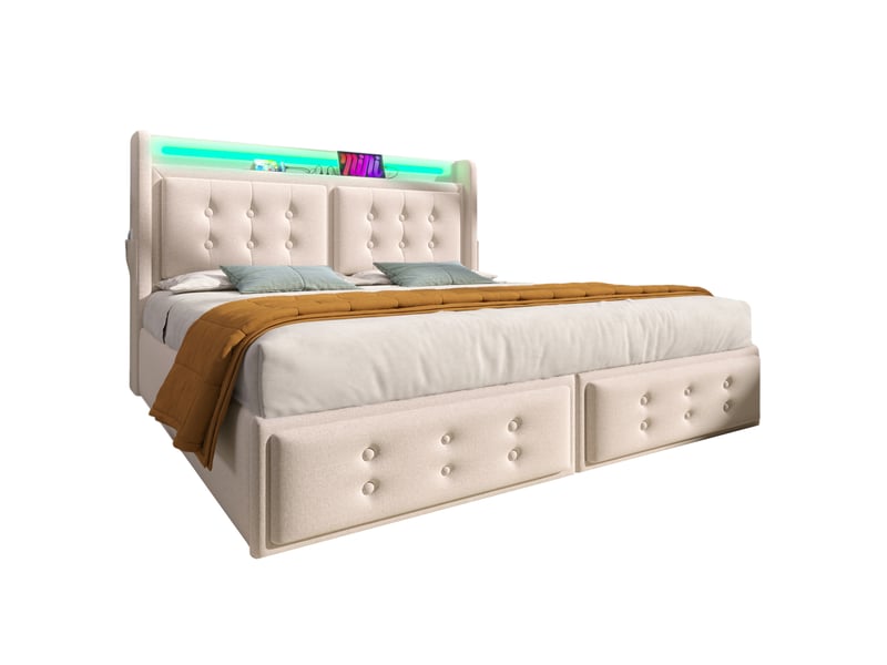  Lit coffre 140 × 200 cm 2 places avec led, usb, type c et 2 prises, matelas inclus, coton lin beige  - Conforama A