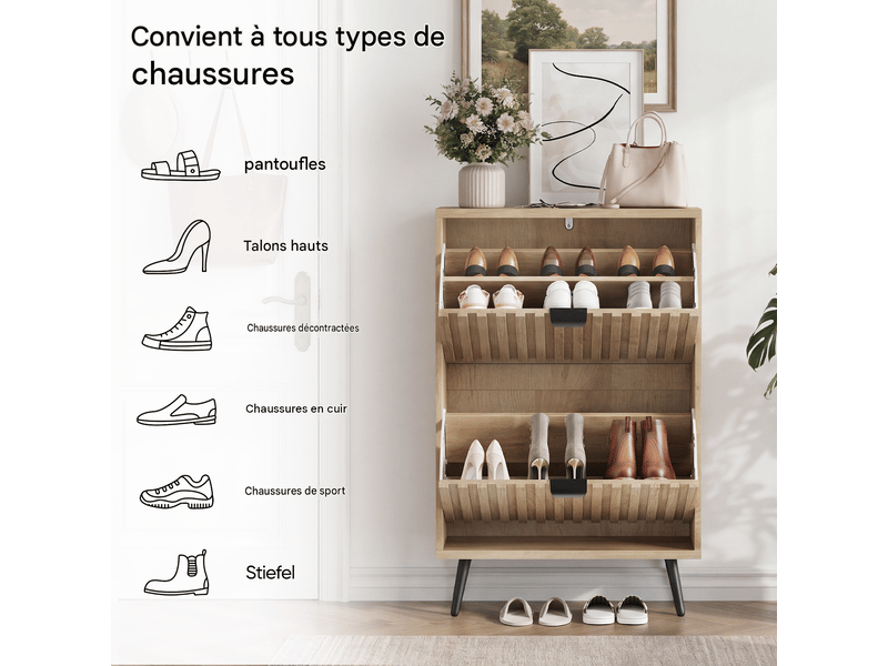  Meuble à chaussures 2 abattants coloris chêne 60 x 24 x 95 cm W3180P511990 - Conforama E