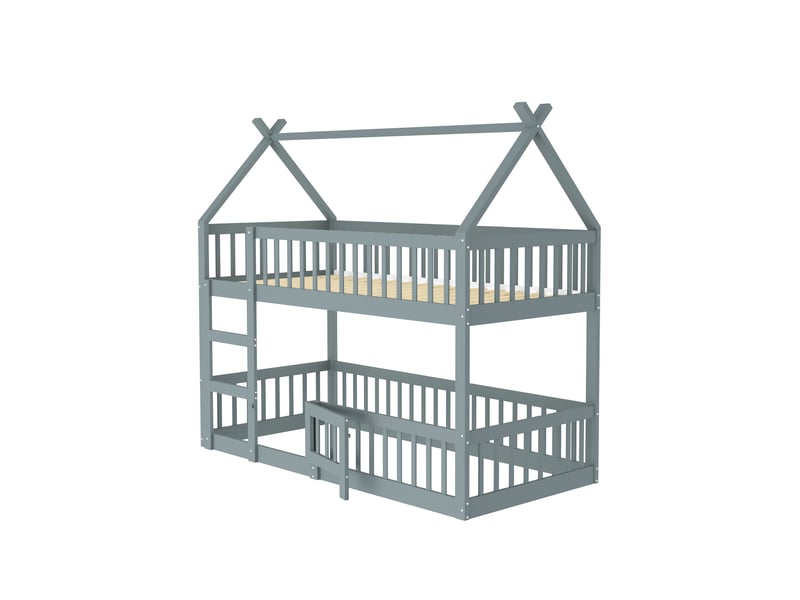 Lit cabane 90x200 enfant, lit superposé enfant en bois massif gris, lit mezzanine avec escalier et barrière de sécurité.  - Conforama C