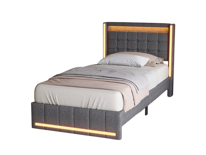  Lit simple 90x200 cm avec led,usb et 2 tiroirs, lit enfant adolescent moderne, tête de lit rembourrée, lin gris  - Conforama A