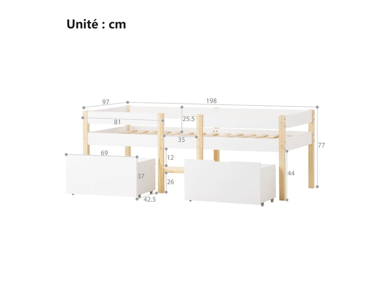  Lit cabane 90x190 cm – lit enfant mi-hauteur avec protection antichute et tiroirs – sans matelas – blanc  - Conforama C