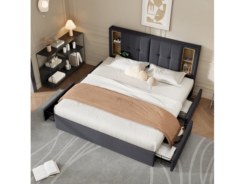  Lit double 160 x 200 cm gris en lin avec 4 tiroirs, chargement sans fil, usb et usb-c  - Conforama B
