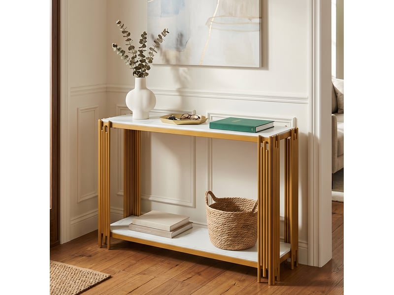 Console 123,5x33,5x80 cm à 2 niveaux effet marbre blanc et métal doré - Conforama D