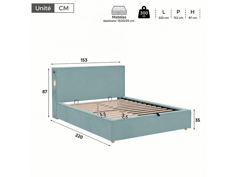 Lit coffre 140 x 200 cm en velours bleu avec rangement hydraulique extra-large, sans matelas  - Conforama C
