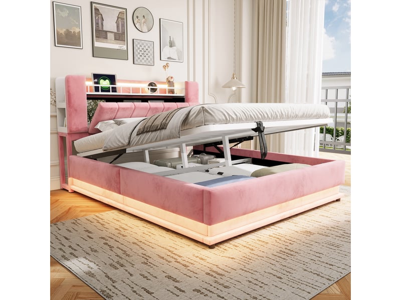 Lit coffre capitonné 160 x 200 cm - avec éclairage led - avec port usb - velours - rose (matelas non inclus) - Conforama R