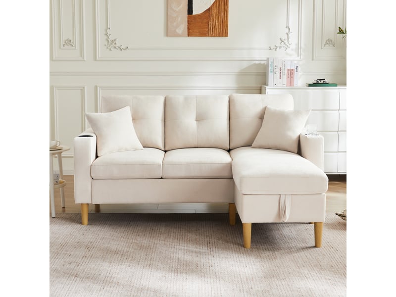  Canapé d’angle réversible 3 places 175x129 cm avec méridienne, coffre de rangement, porte-gobelets, 2 coussins - beige  - Conforama C