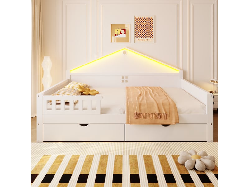  Lit enfant 140x200 cm blanc avec bandeau led contrôlable, 2 tiroirs et sommier à lattes inclus  - Conforama E