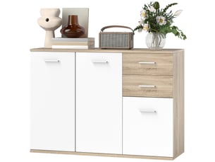 Buffet de salon, meuble de rangement avec 2 tiroirs, 3 portes et une étagère réglable, 106 x 35 x 76 cm, bois blanc et naturel