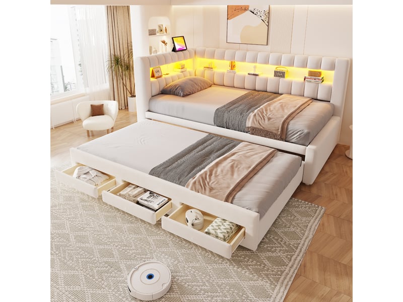  Lit banquette rembourré 90 x 190 cm avec lit gigogne, tiroir de rangement, led, port usb, dossier et tête de lit renforcés, velours beige evarich - Conforama B