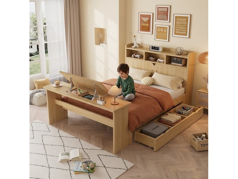  Lit 140 x 200 cm avec rangements, tiroir modulable et table pliante, naturel  - Conforama D