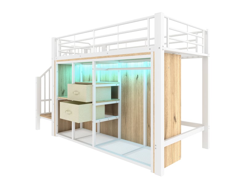 Lit surélevé avec 2 tiroirs, penderie ouverte et led multicolore, blanc, 90x200 cm, sans matelas - Conforama E