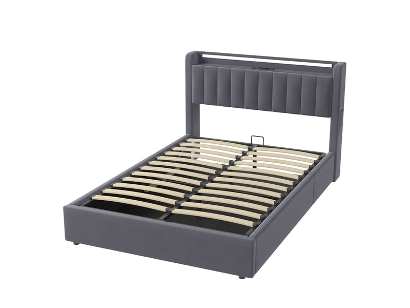  Lit double 140x200 cm avec rangement, led et usb gris homvra  - Conforama A