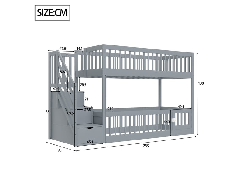  Lit superposé enfant 90 × 200 cm 2 places avec escalier à tiroirs et barrières, sans matelas, gris  - Conforama D