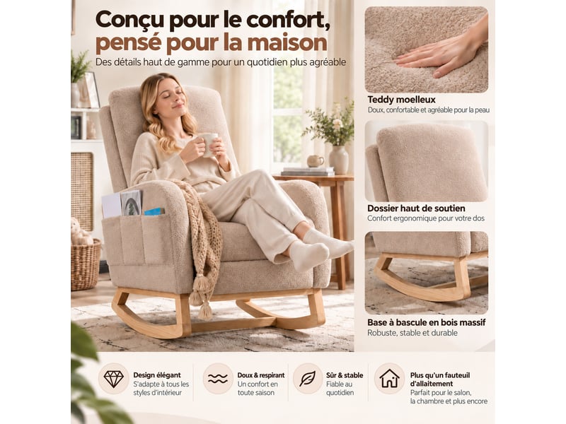  Fauteuil à bascule avec repose‑pieds, fauteuil d’allaitement en tissu teddy beige, dossier haut ergonomique, poche latérale, chaise relax pour salon, chambre et espace bébé  - Conforama E