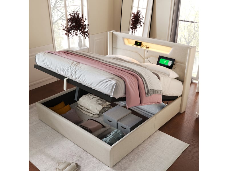  Lit coffre ulevr 160x200 cm avec led et usb type-c, lit double rembourré en tissu lin beige avec sommier à lattes  - Conforama E